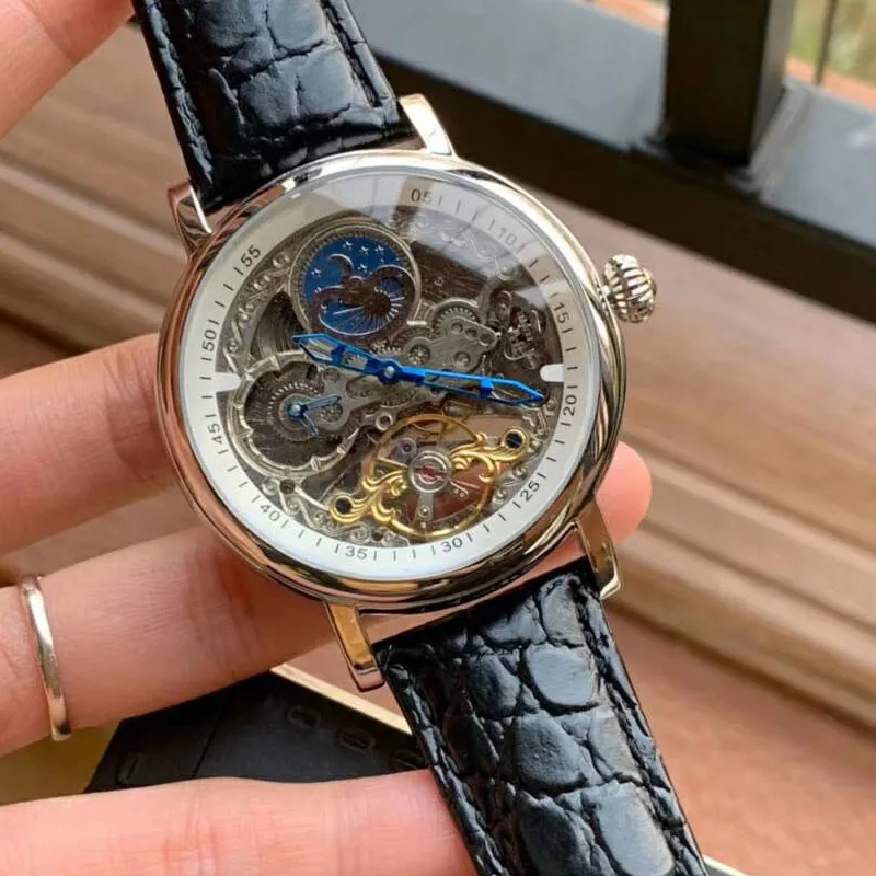 Tourbillon Sapphire Skeleton Automatic Watch Men Sun Moon Phase Mens Mechanical Watchesトップリストウォッチレザーストラップ301f