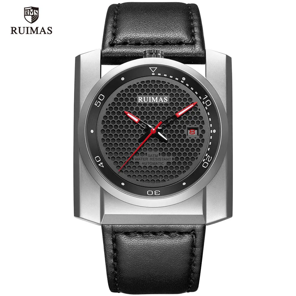 RUIMAS Luxe Automatische Horloges Mannen Vierkante Wijzerplaat Analoog Mechanisch Horloge Zwart Lederen Horloge Relogios Masculino Klok 6775 n242W