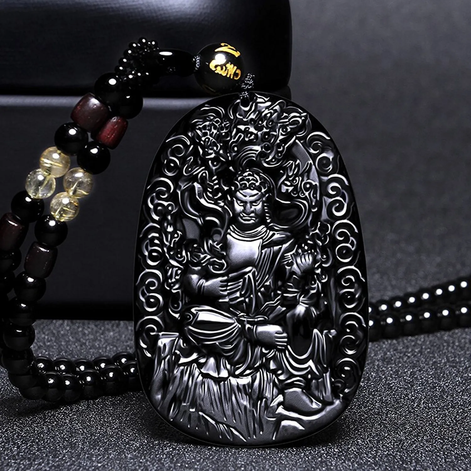 Fine Jewelry Pure Natural Obsidian Imóvel Ming King Bodhisattva Acala Buddha Colar Pingente Frete Grátis