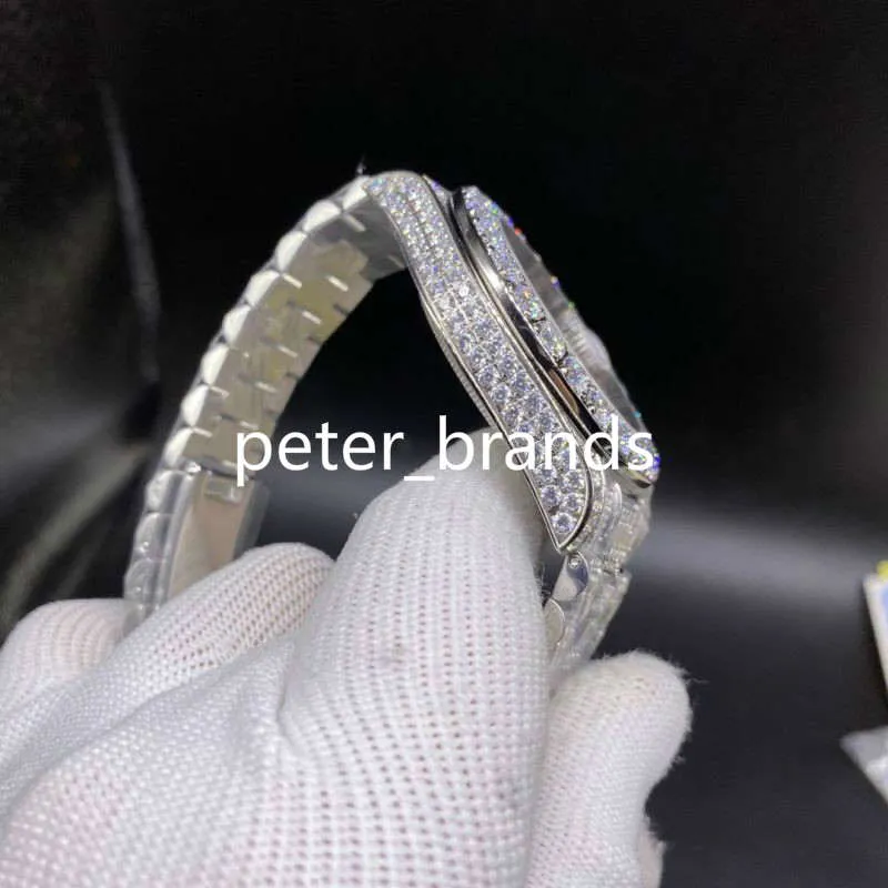 Montre-bracelet en diamant glacé pour hommes, ensemble de broches, boîtier en acier inoxydable argenté, cadran noir, bracelet en diamant, automatique mécanique 292a