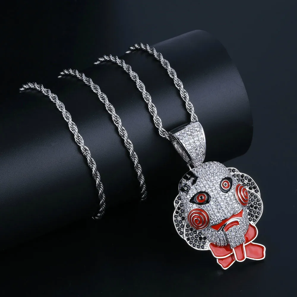 69 Saw Doll Head Mask Necklace Netlace Iced Out Zircon Zircon Hip Hop Gold Silver Men Women Charms chain Jowldry25U