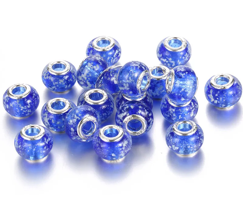 19 Färg Big Hole Glass Crystal Beads Charm Findings Loose Spacer Craft European Silver Pärled med 925 Stamp för armbandsmycken2717