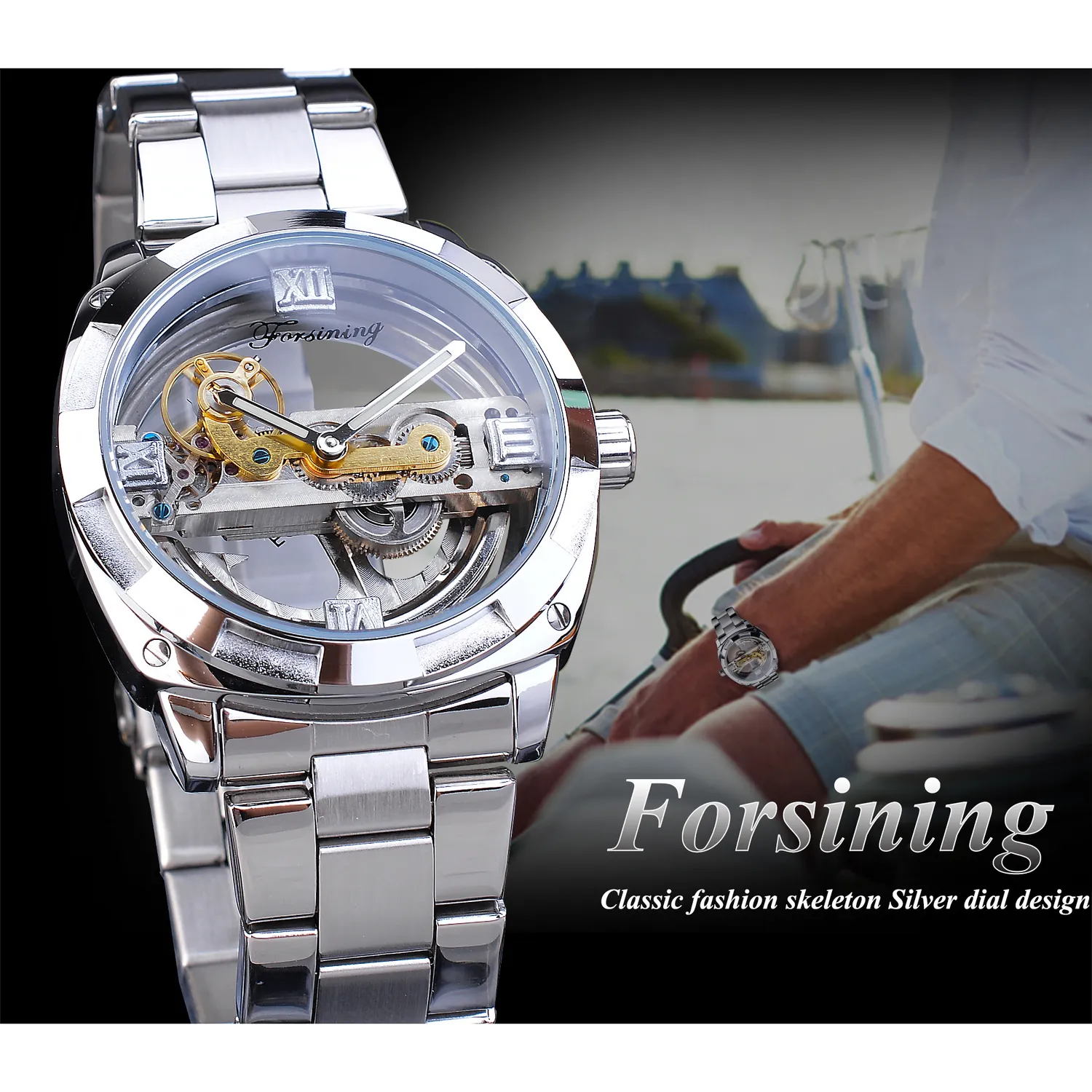 Forsining hommes conception transparente montre mécanique automatique argent carré engrenage doré squelette ceintures en acier inoxydable horloge Saati Y218d
