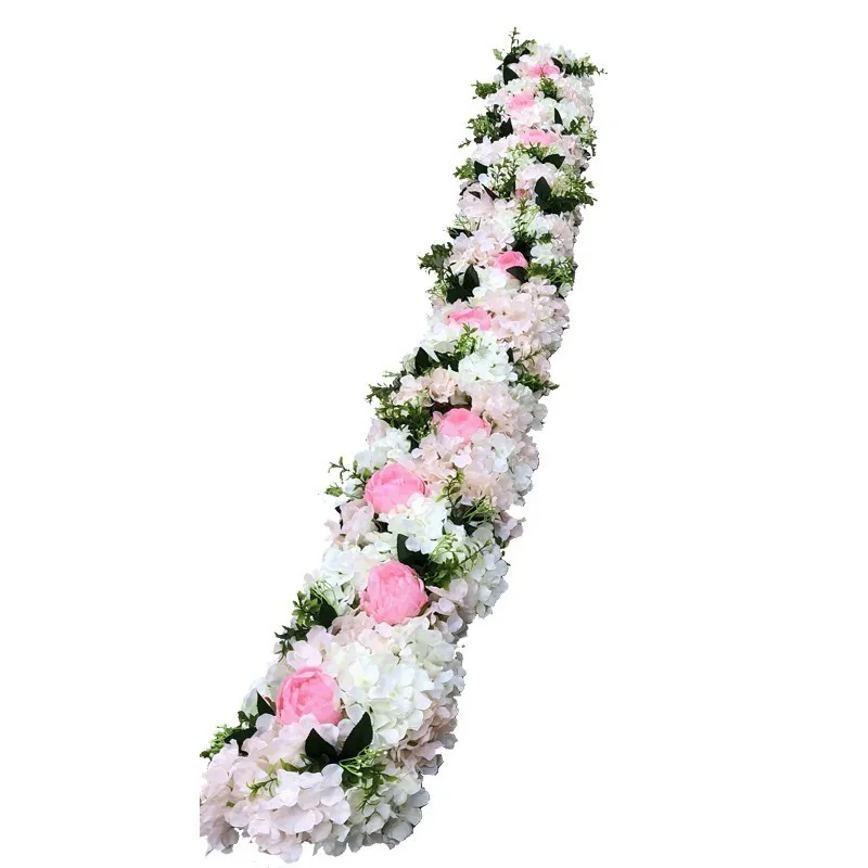 Chemin de table personnalisé en rangée de fleurs artificielles, 1M 2M, coquelicots roses rouges pour décoration de mariage, arc de fond, feuilles vertes, décoration de fête 1356K