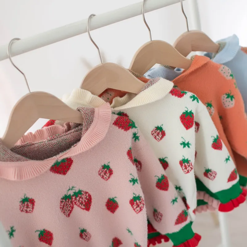Autumn Girls Knit Pullover Korea 2020 Fall New Children Strawberry Hoodie Sweater Kids Long Sleeve Knittin Pullover Top C6480