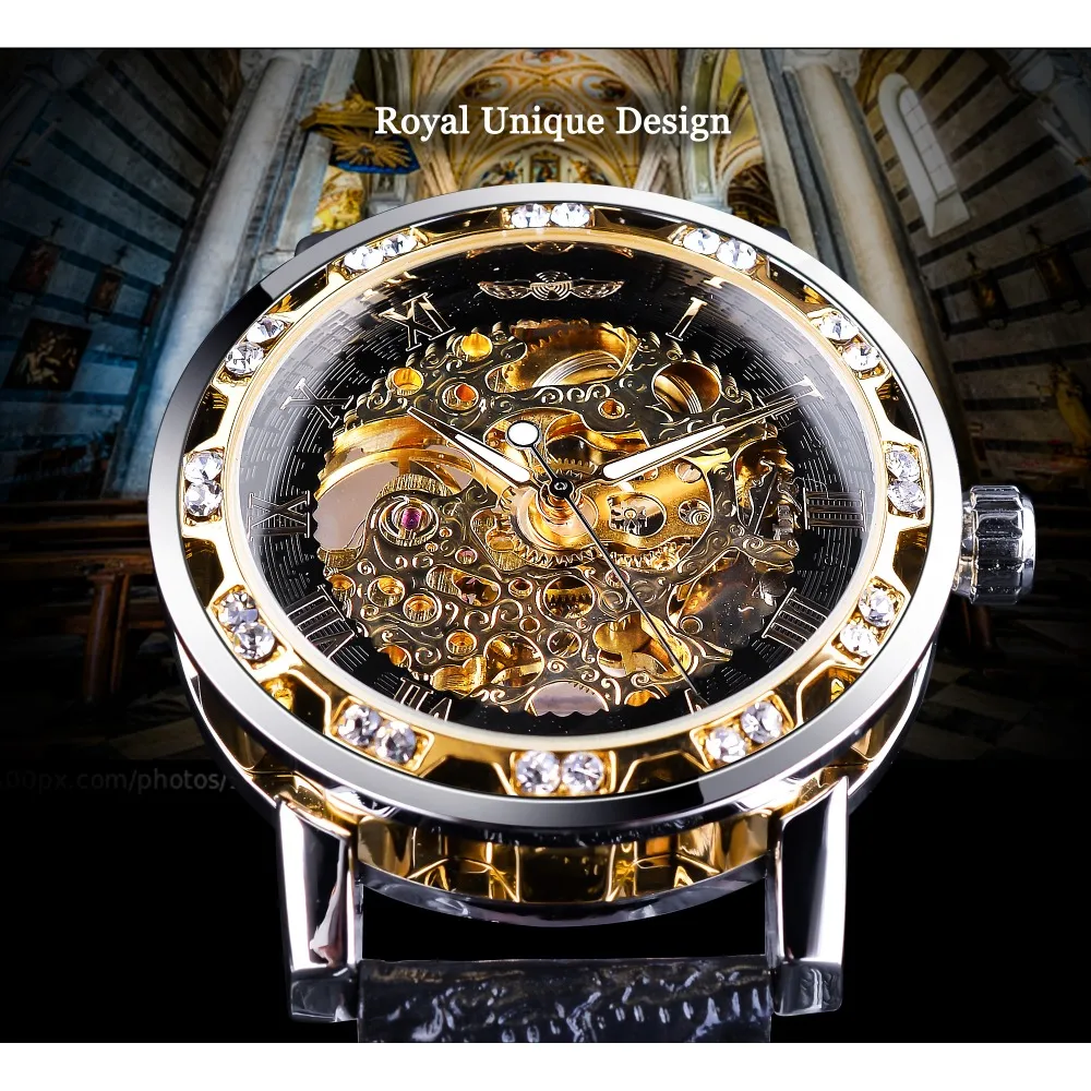 Gagnant Noir Doré Rétro Mains Lumineuses Mode Diamant Affichage Hommes Mécanique Squelette Montres Top Marque De Luxe Horloge Wat183g