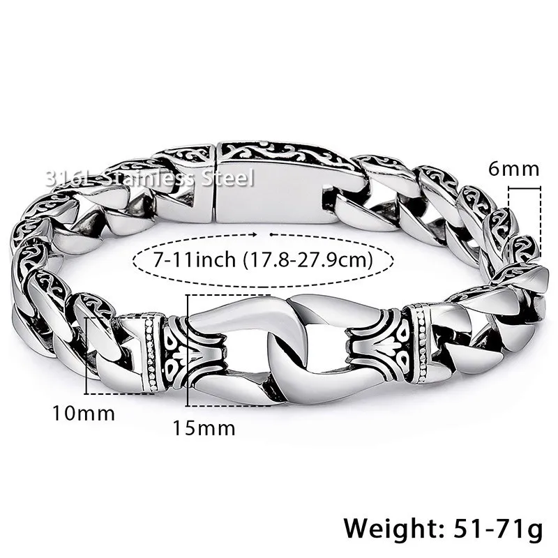 Davieslee Bracelet pour hommes chaîne en acier inoxydable 316l Bracelets Punk pour hommes chaînes incurvées de couleur argent lien cubain 15mm Lhb10 J1345p