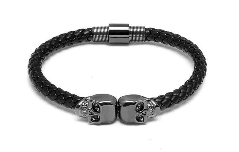 Todo-homens preto trançado couro inoxidável pulseira de aço para mulheres crânio de ouro feminino masculino pulseira charme bracelets274t