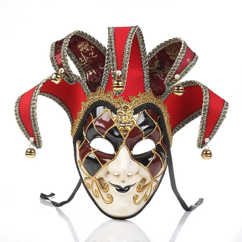 Maski imprezowe pełne twarz mężczyźni kobiety Venetian Theatre Jester Joker Masquerade Mask With Bells Mardi Gras Party Ball Cosplay M282M