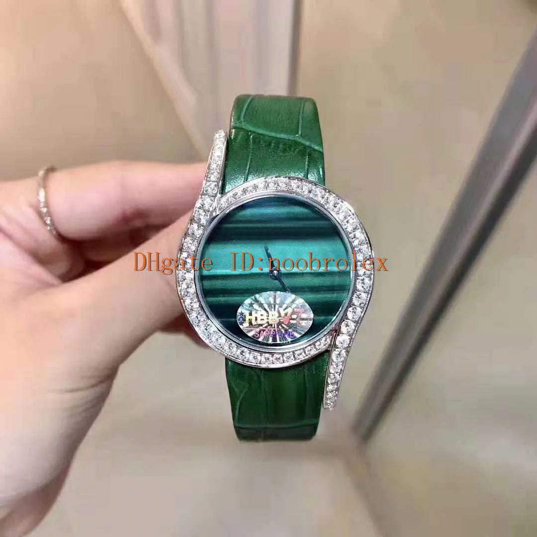 Новые женские часы с бриллиантом Lime Light Женские часы Швейцарский кварц 18-каратная платина Корпус из стали 316L Алмазный безель Сапфир Зеленая кожа str203o
