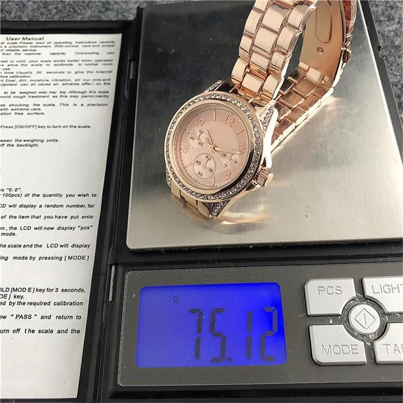 34 mm Fashion crystal inlay Clock dial Stainless steel Watchband Women's Quartz Watches Fake 3-eye Fashion design Women'2871