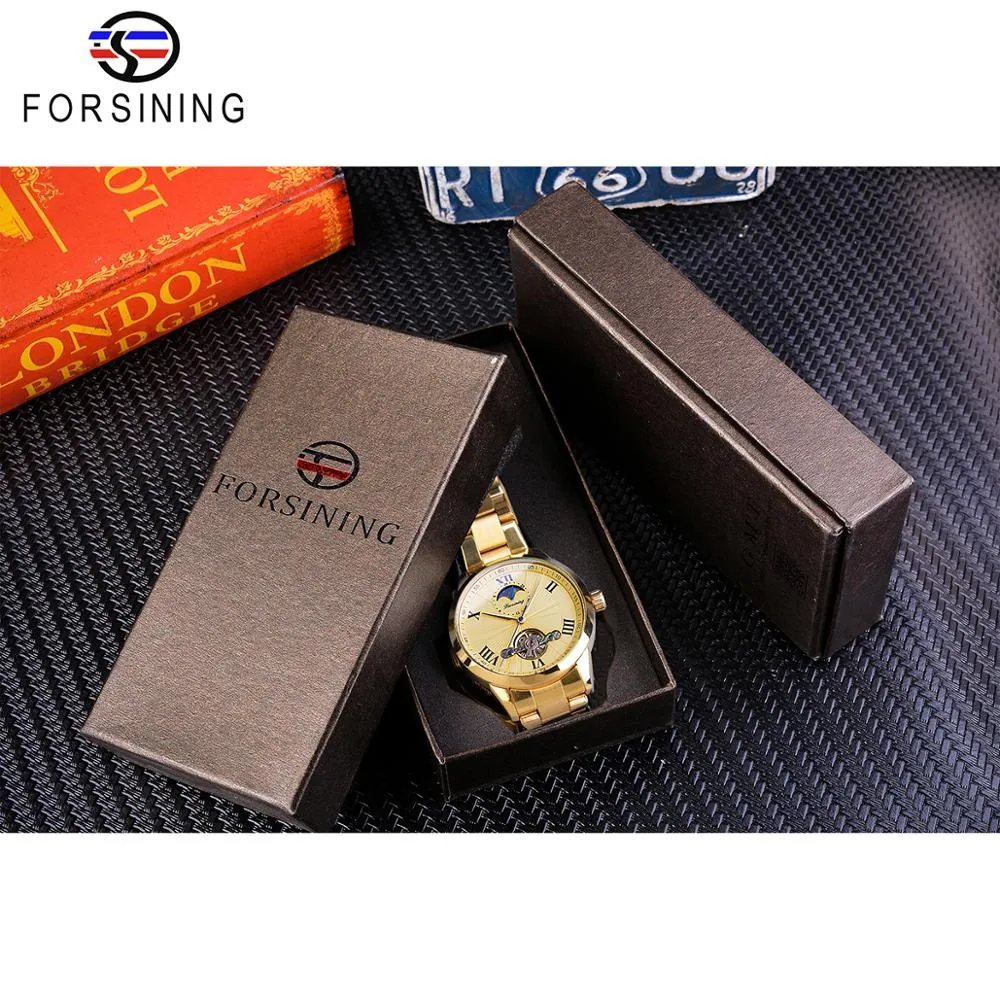 Forsining – montre-bracelet mécanique pour hommes, cadran 3D, automatique, Tourbillon, phase de lune, entièrement en acier, grandes montres, horloge Relogio Masculino2138