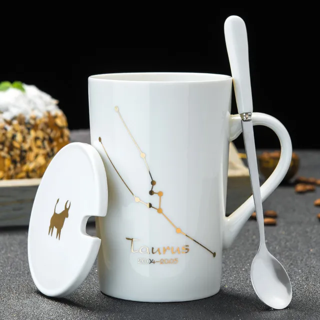 12 Constelações Canecas de cerâmica criativa com colher tampa de porcelana branca Zodiac leite de café xícara de café 450 ml drinques de água313n