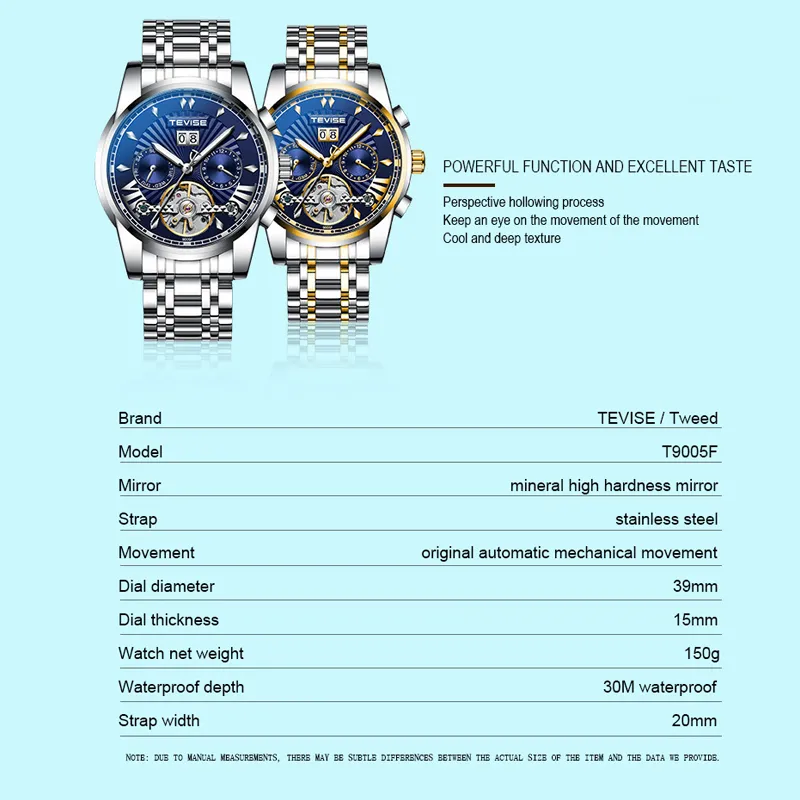 Top Luxury Brand Tevise Automatic Men Watch en acier inoxydable Tourbillon Calendrier mécanique Wristwatch Men Business Clock2590
