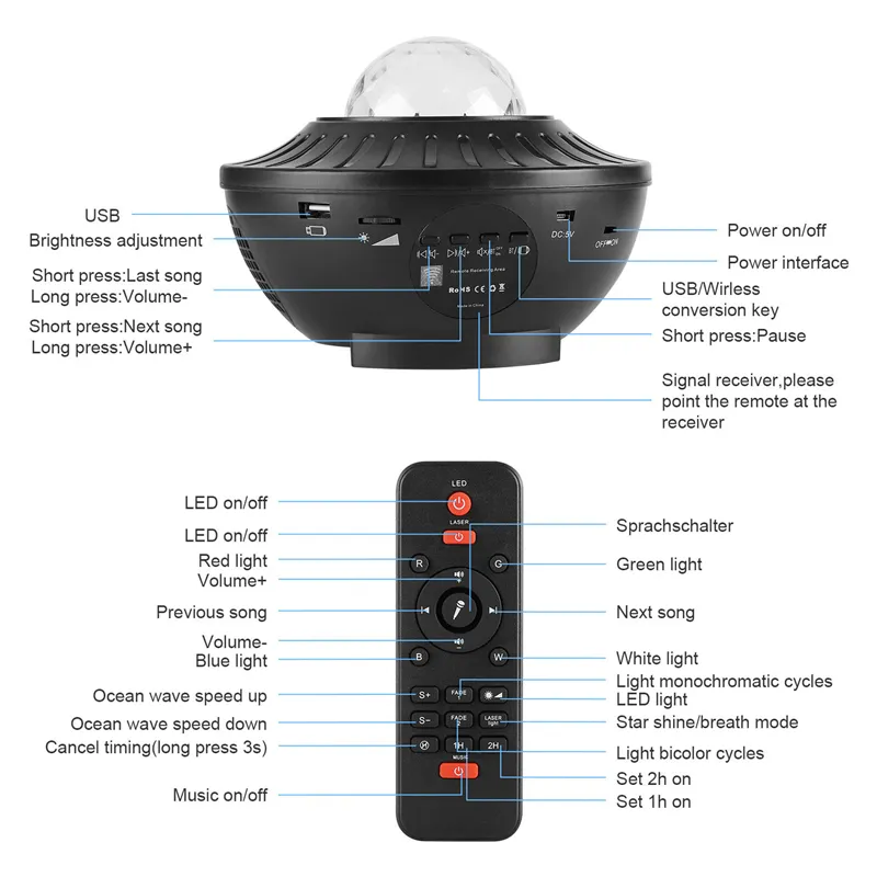 Usb estrela noite luz música estrelado onda de água luzes led remoto bluetooth colorido rotativo projetor som-ativado decoração lamp2493