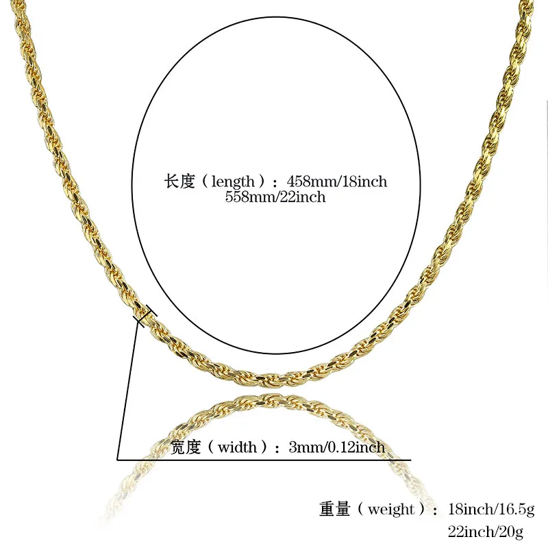 18K Gold & White Gold Plated 925 Sterling Silver Chain Necklace 3mm 18 22 Rope Chain Hip Hop Rapper Jewelry Gift2097