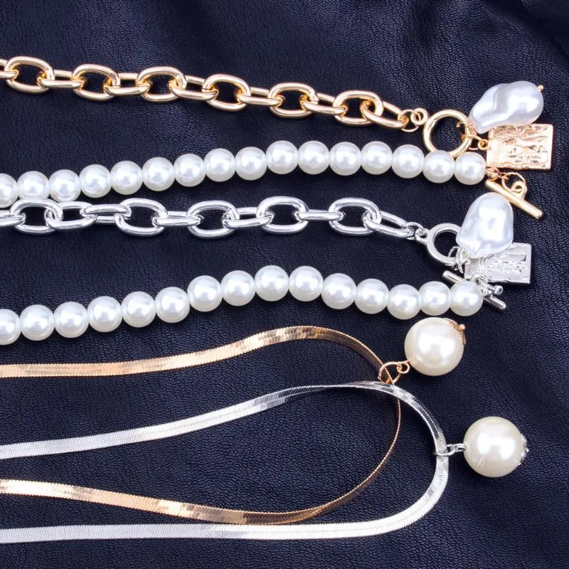 Kmvexo mode 2 lager pärlor geometriska hängen halsband för kvinnor guldmetall orm kedja halsband ny design smycken gåva265z