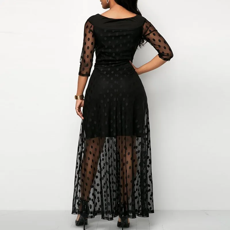 Kobiety wieczorowe przyjęcie data Retro gotycka czarna sukienka Maxi w kropki urząd Lady praca przepuszczalność siatki bardzo długie sukienki typu bodycon C19041501