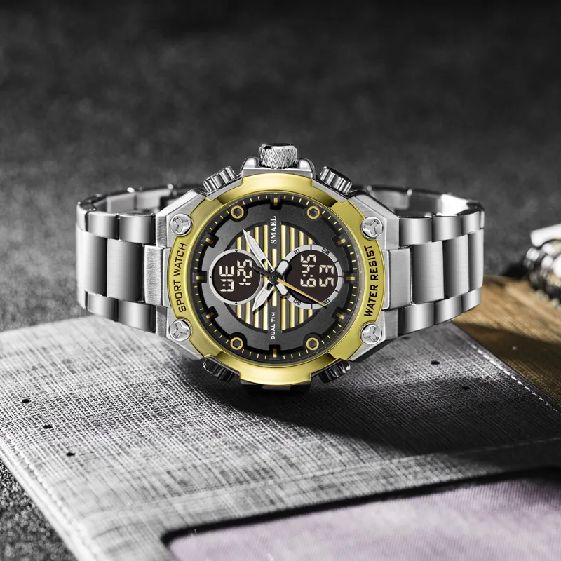 Smael Watch Men Digital stop zegarek Gold Big Dial Sport Luksusowy zegar marki Mężczyźni 30m Waterproof1372 Mężczyźni Elektroniczny mechanizm zegarków N251V