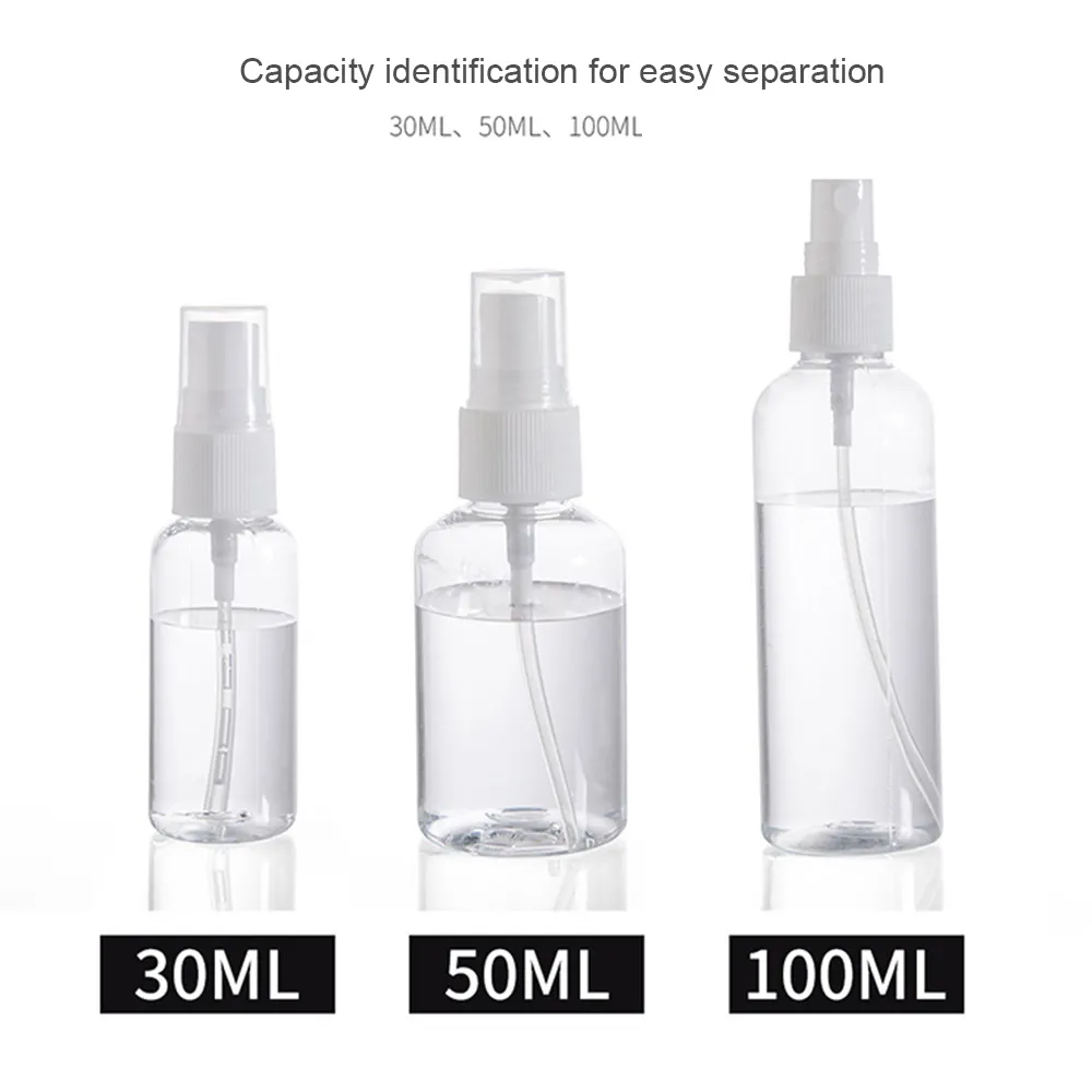 Transparent tomma sprayflaskor Transparent plast parfymförstärkare liten mini tom sprayfyllningsbar flaska 30 ml / 50 ml / 100ml