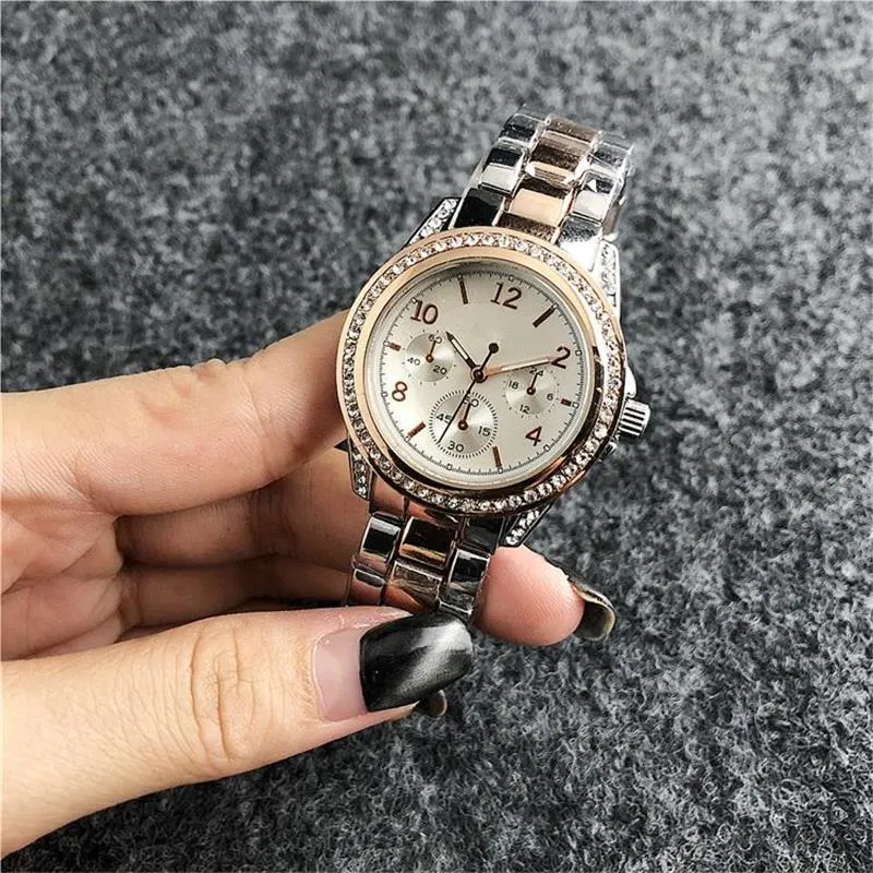 34 mm Fashion crystal inlay Clock dial Stainless steel Watchband Women's Quartz Watches Fake 3-eye Fashion design Women'2871