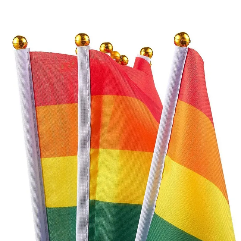 Bandeira de arco -íris bandeira de bastão de bastão gay Mini plástico bandeira de carro de mão portátil acenando com manutenção 21 14 cm usando o festival em casa 270h