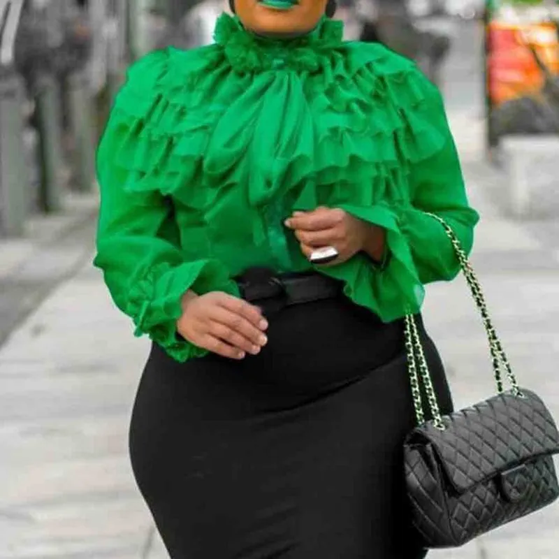 Verde casual verde plus size partido elegante blusas woman 2019 Falbala tops slim africano office senhoras mulheres camisas de moda cj191216