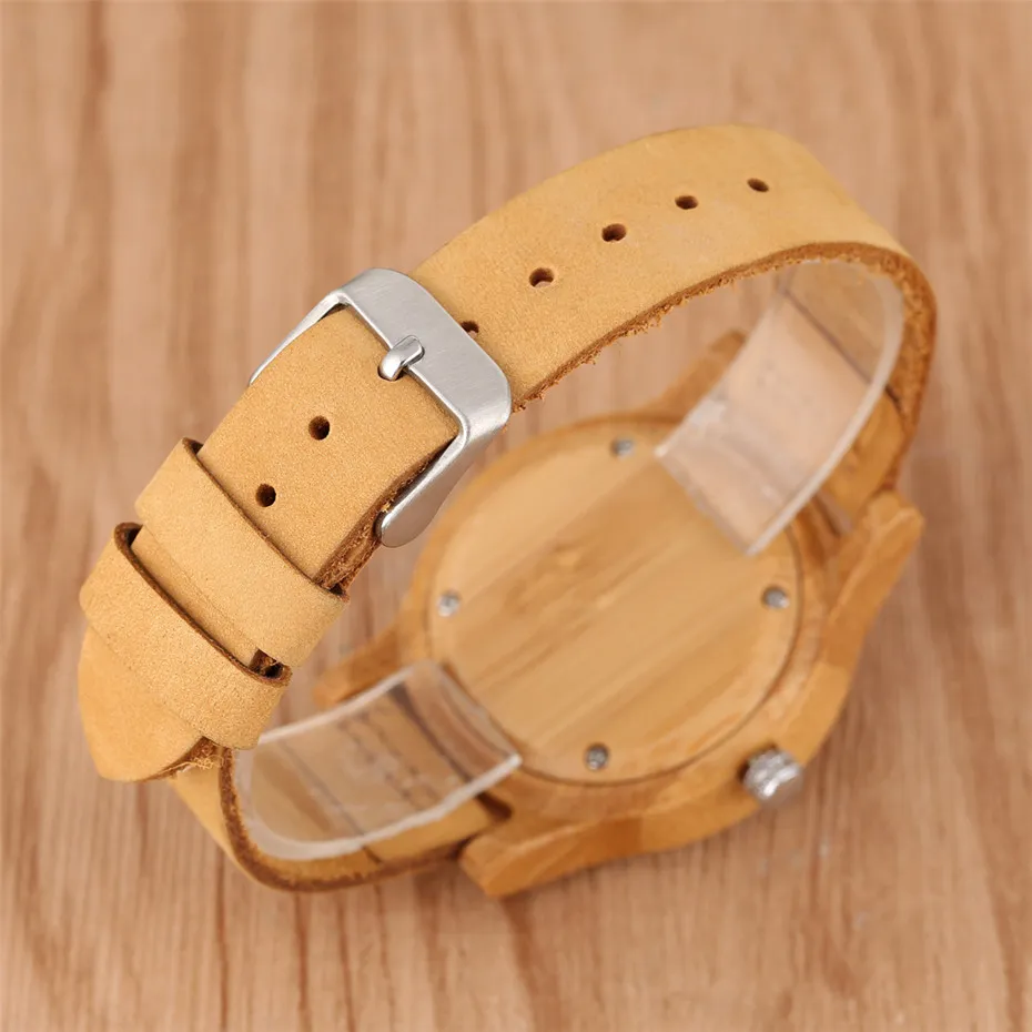 montres pour femmes Wood Watch Women Quartz Timepiece Simple Yellow Dial Genuine Leather Ladies Wristwatch Elegant Casual Watch1278J