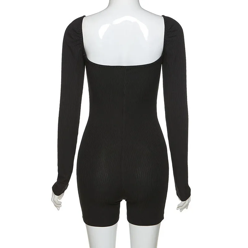 Kadın Streetwear Siyah Sıska Bodysuit Uzun Kollu Yüksek Bel Kare Yaka Tulum Fitness Egzersiz Joggers Spor Backless T200618
