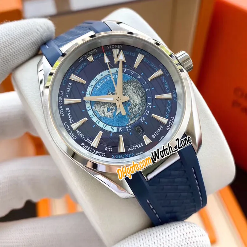 New Aqua Terra 150m 220 10 43 22 03 001 Universal Map Blue Dial Autoamtic Mens Watch SS Steel Armband Watches Limited Edition Wat279w