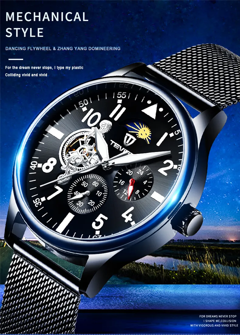 Neuankömmlinge Tevise Men Automatic Mechanical Watch Vollstahl Tourbillon Armbandwatch Mond Phase Chronograph Clock292j