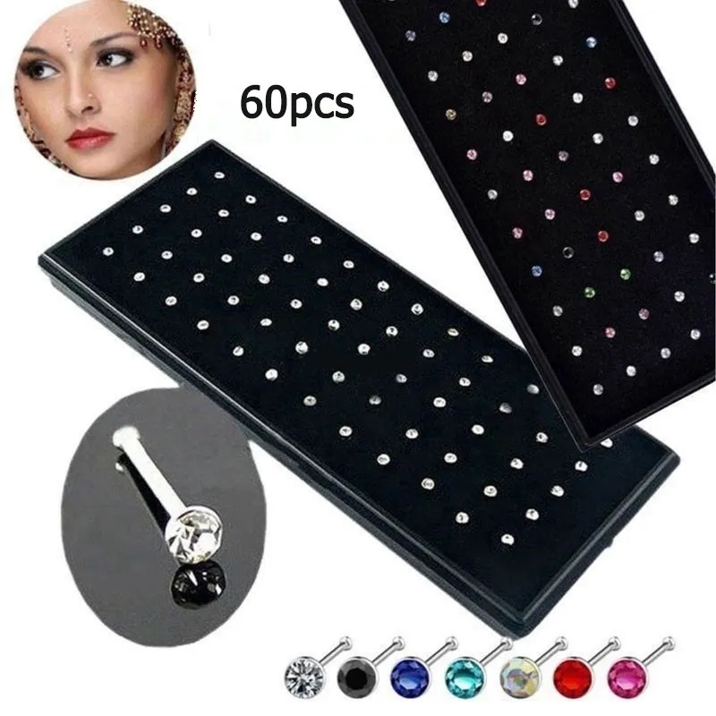 Incroyable 60 pièces/ensemble cristal strass nez anneau en acier inoxydable corps bijoux nez goujons Piercing femmes accessoires de mode