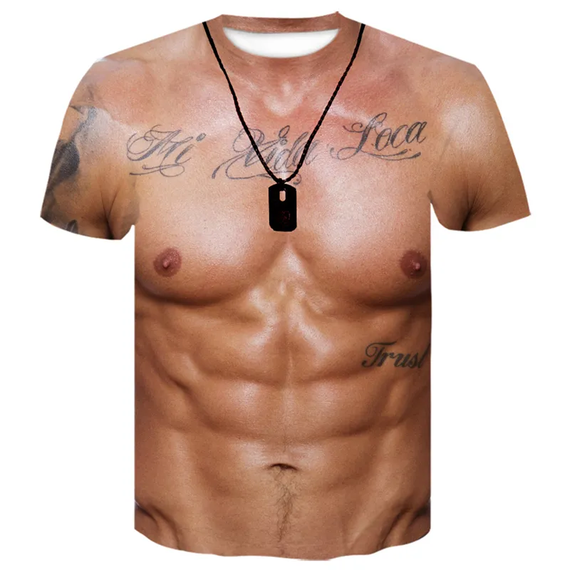For Man 3D T-Shirt Bodybuilding Simulated Muscle Tattoo Tshirt Casual Nude Skin Chest Muscle Tee Shirt Funny Short-Sleeve O-neck306v