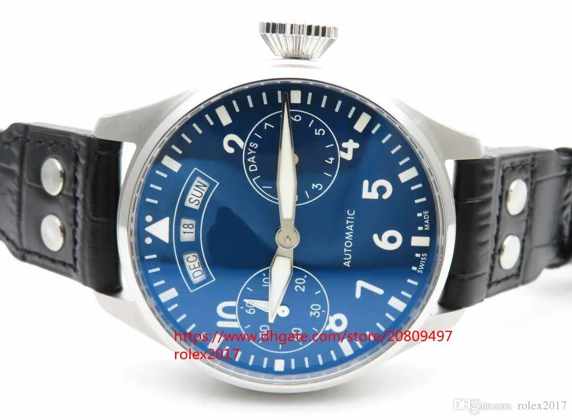 Mens Edition Big Pilot 52850 숫자 마커가있는 파란색 다이얼 파워 리저브 블랙 가죽 자동 예약 표시기 Watches204b