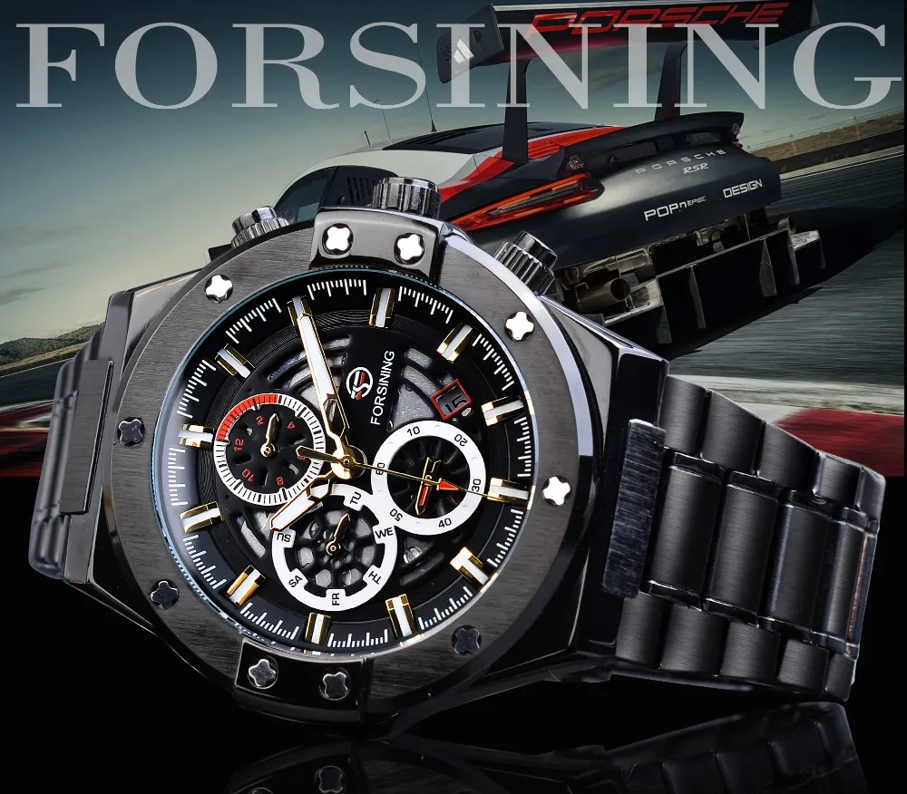 Forsining Racing hommes montre mécanique automatique étudiants jeu course calendrier mâle lueur mains noir acier inoxydable ceinture Mans Clock263q