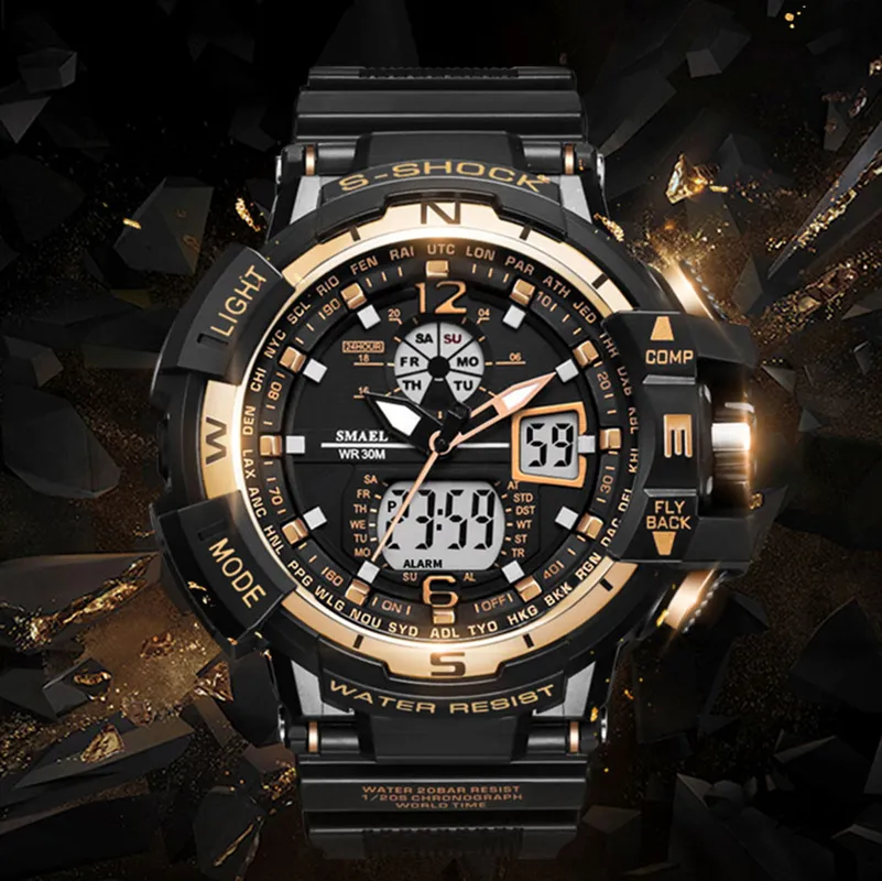 SMAEL Luxus-Mann-Sport-wasserdichte stoßfeste Luxus-Herrenarmbanduhr S Shock 1376 Digitaluhr LED-Herrenuhren Gold296L