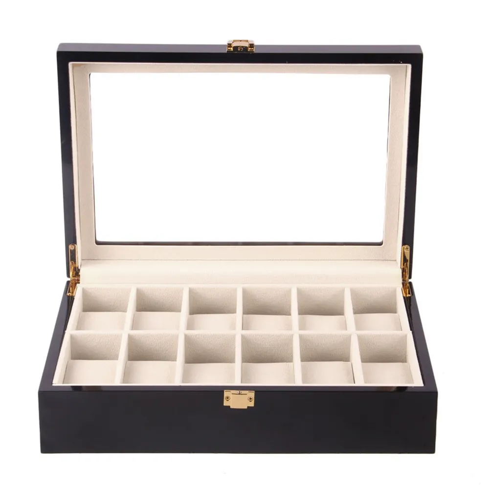 6 10 12 Slots Horlogedoos Zwart Houten Sieraden Organzer Horlogevitrine Glazen Top Horloges Doos Luxe houder D40305x