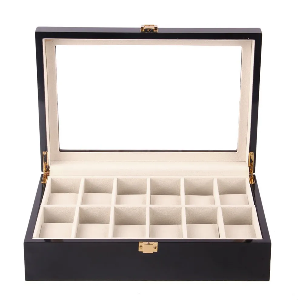 6 10 12 Slots Watch Box Black Wood Smycken Organ Watch Display Case Glass Top handledsklocka Luxury Holder D40305X