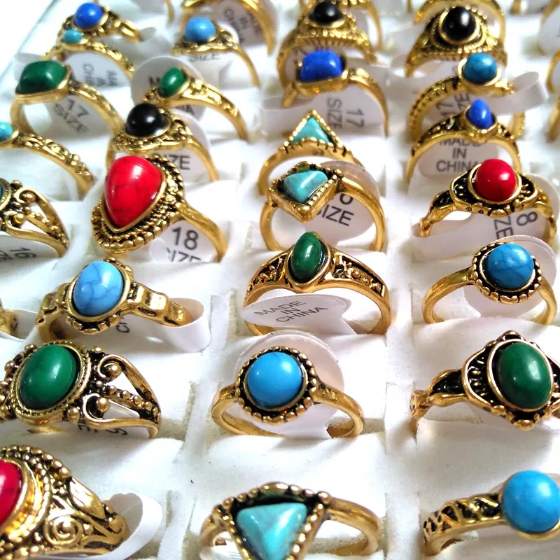 30шт целые смешанные бирюзовые женские женские девушки кольца крутые кольца уникальные модные золотые винтажные ретро -ювелирные изделия296J