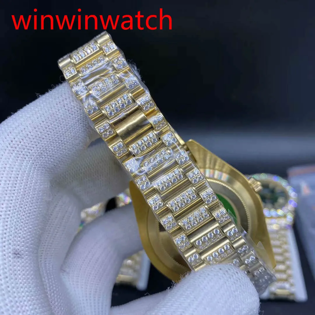 Ny lyx 43mm Gold Big Diamond Mechanical Man Watch Gold Diamond Face Automatic Rostly Steel Men's Prong Set Watches308J