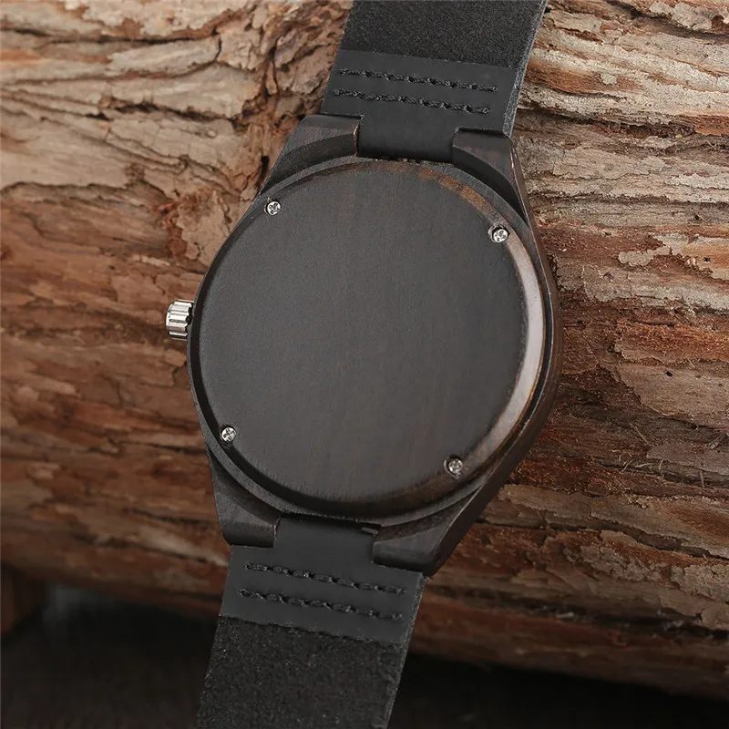 Unieke volledig zwarte heren ebbenhout horloge luxe geschenken licht bamboe analoog quartz horloge lederen band Reloj de madera332L