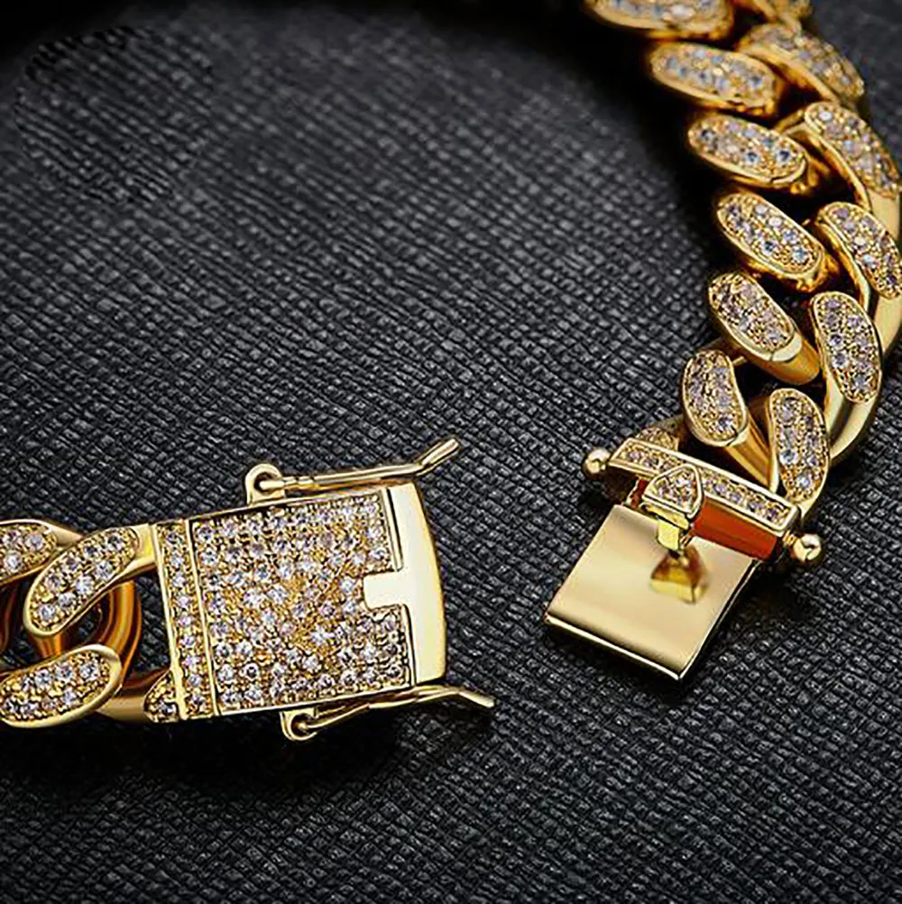 Mens Hip Hop 18k Gold Gold Stated 12 mm Cuban Link Bracelet z zamkniętym zapięciem sześcienne bransoletki cyrkon biżuteria najwyższa jakość 216R