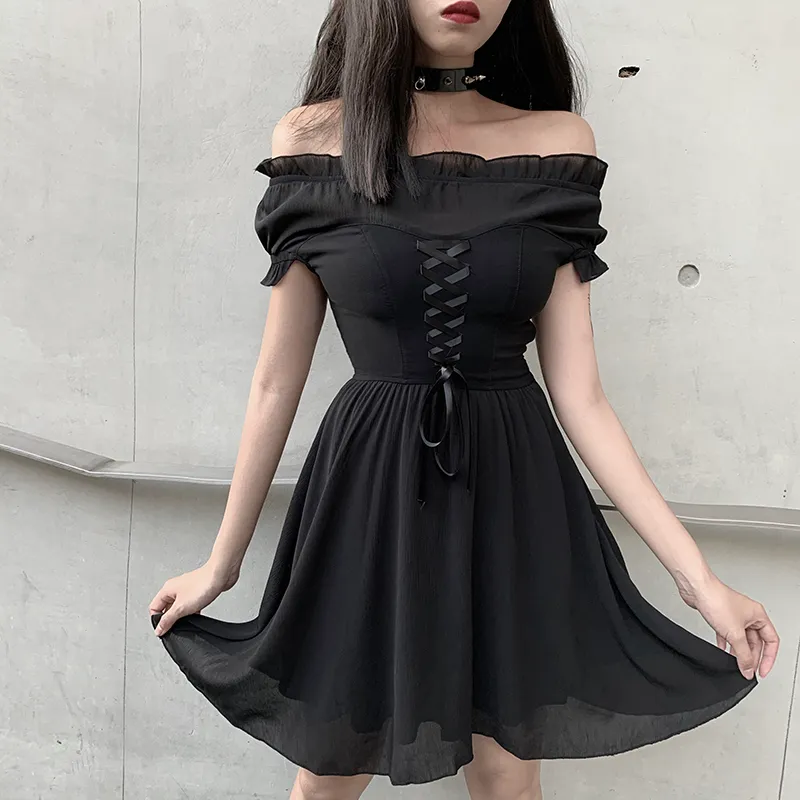 Ingoth Elegant Party Off Shoulder Mini Women Black Mesh Chiffon Bandage Slim Gothic Streetwear Fashion Sexig klänning MX200518