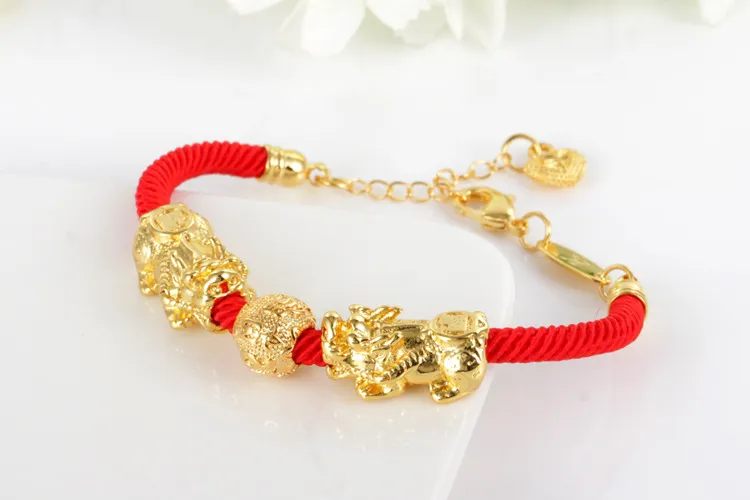HW01 новый браслет из 24-каратного золота с двойным пиксиу, красная веревка, счастливый браслет для мужчин и женщин, 301 г
