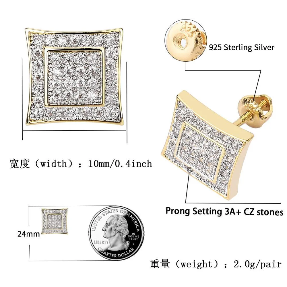 Micro Pave Cubic Zirconia Ice Out Geometrci Square Stude Earring Mężczyźni Kobiety Bling CZ Kolki Hip Hop Rapper Jewelry 278J