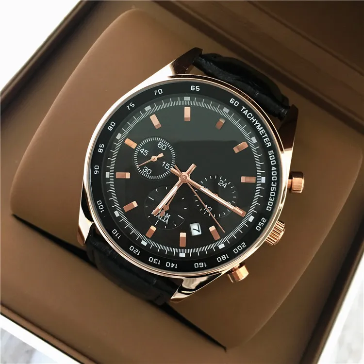 Big Dial 42 mm luksusowy człowiek czarny skórzany zegarek wszystkie subdials robiąc stal nierdzewna najwyższej jakości zegarek mody kwarcowy kropla shippin266m