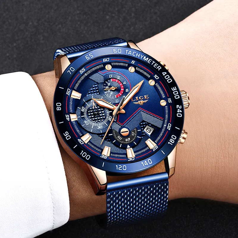 2019 LIGE nuevo reloj informal para hombre, Relojes de pulsera de cuarzo con fecha, cronógrafo deportivo, reloj con correa de malla azul a la moda, Relojes Hombre323T