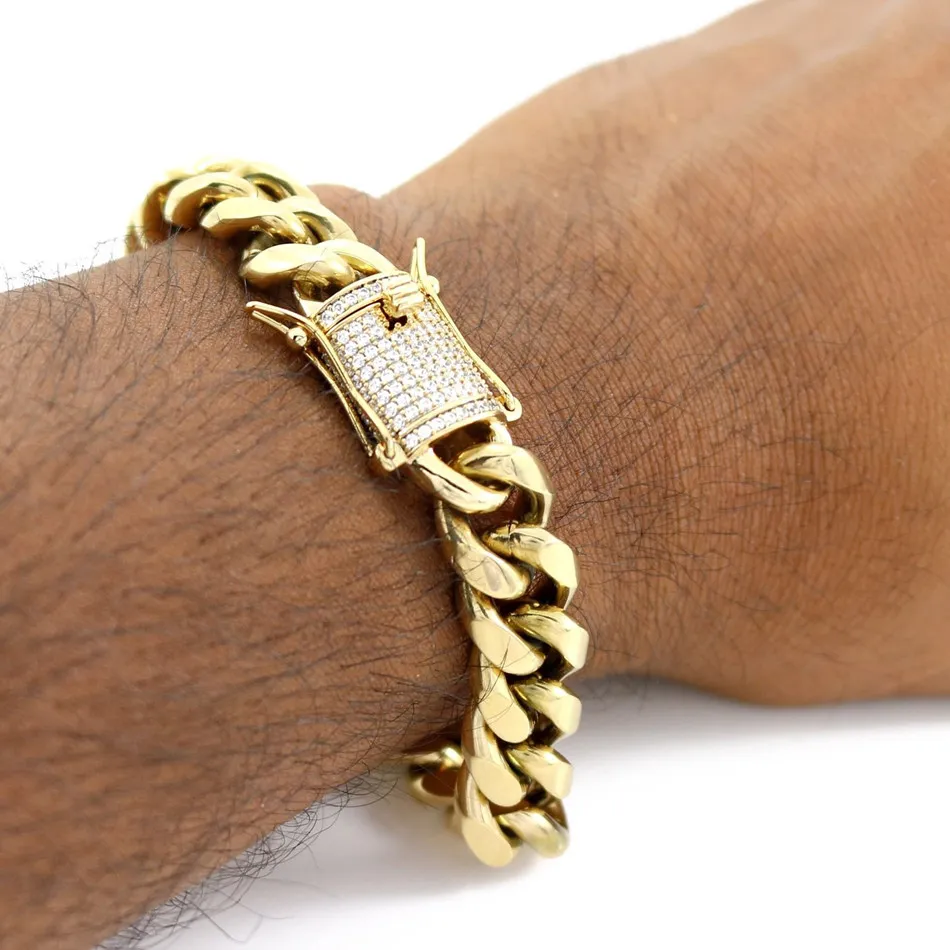 Ensemble de bracelets et chaînes à maillons cubains Miami pour hommes, 14mm, fermoir en strass CZ, en acier inoxydable, or, collier Hip Hop, chaîne, bijoux Set300r