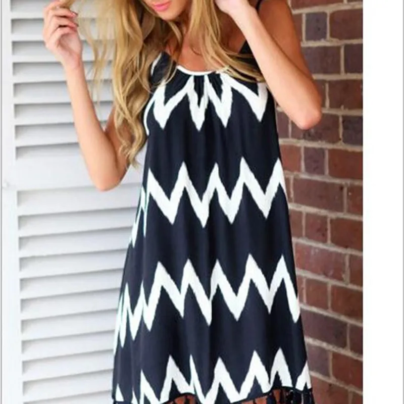 Womens casual skirt black and white wave striped beach skirt tassel sling chiffon Casual Dresses S-3XL