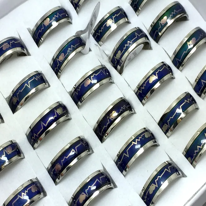 Intero 30 Pz 8mm fascia argento Mood cambiamento di colore emozione anelli in acciaio inossidabile 316L anello gioielli uomo donna anelli298Z